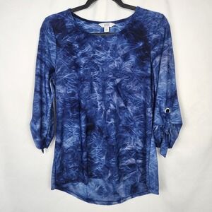 Womens Blouse‎ Croft & Barrow Small Blue Tie Dye Textured Tie Sleeves with Rivet